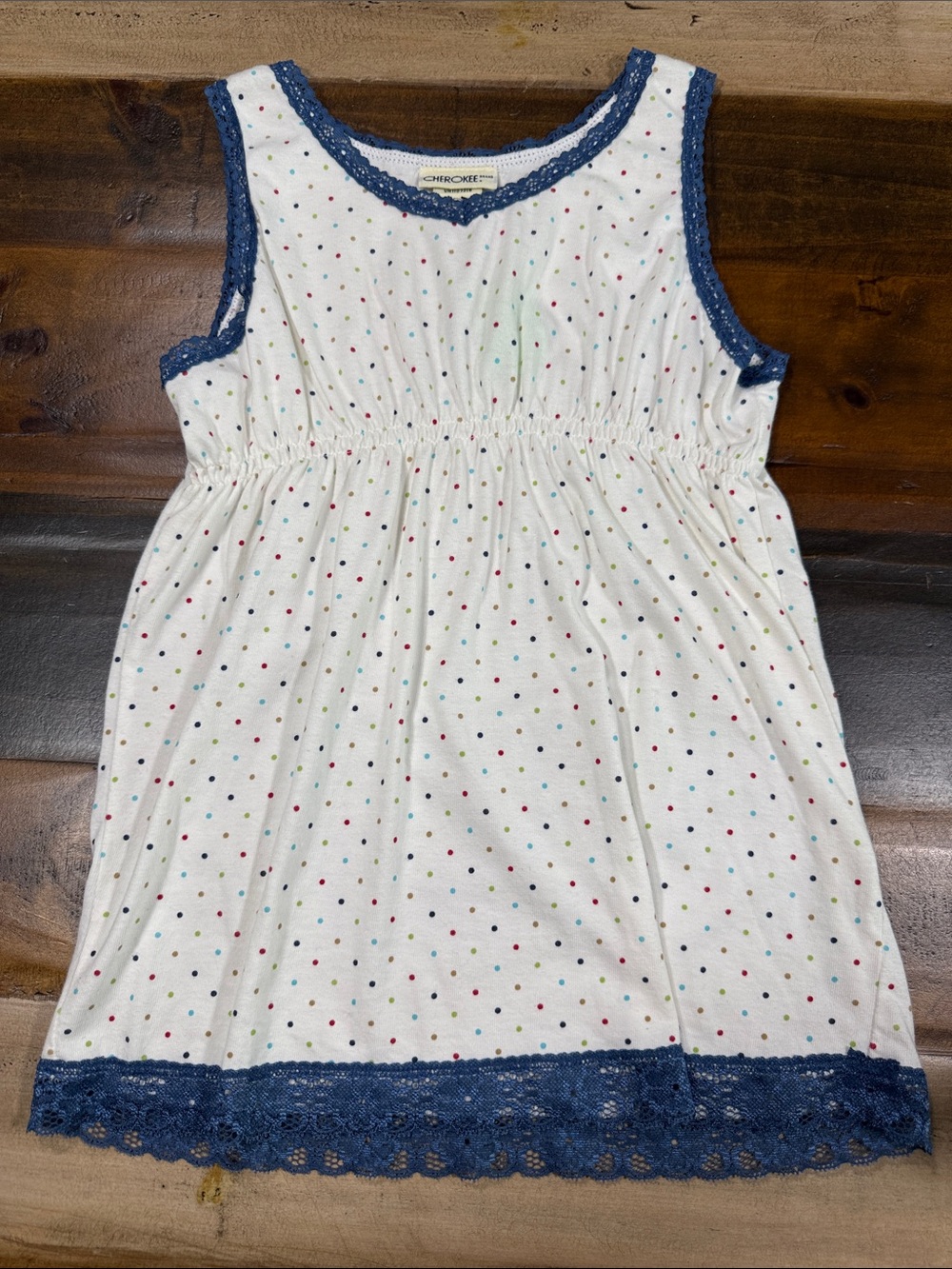 Cherokee White Polka Dot Sleeveless Dress with Navy Lace Trim